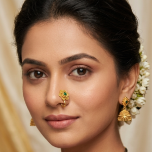 Gold Plated Maharashtrian Floral Nath Nose Pin with Green Stone