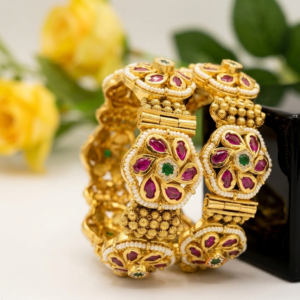 Royal Rajwadi Antique Gold Plated Kada Bangle Set - Pair of Traditional Rajasthani Bridal Kadas with Kundan Settings and Pearl Accents (2-Piece Set)