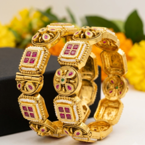 Rajwadi Antique Gold Plated Geometric Ruby & Pearl Bangle Set - 2-Piece Alternating Square Block and Floral Kundan Bridal Kadas