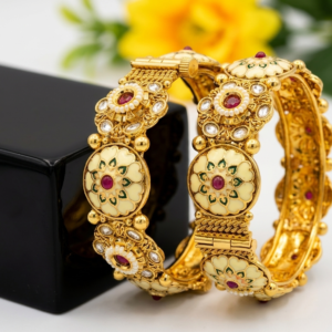 Rajwadi Antique Gold Plated Flora-Kundan Kada Bangle Set - 2-Piece Traditional Rajasthani Bridal Kadas with Intricate Filigree and Gemstone Accents