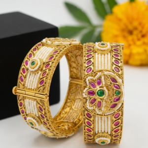 Royal Rajwadi Multi-Row Pearl Mesh & Ruby Kada Set - 2-Piece Heavy Antique Gold Plated Patchheli Bridal Bangles