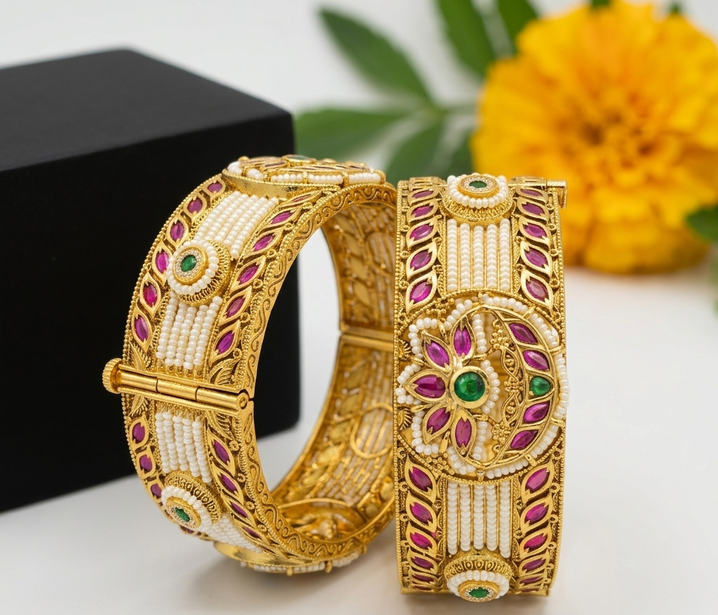 Royal Rajwadi Multi-Row Pearl Mesh & Ruby Kada Set - 2-Piece Heavy Antique Gold Plated Patchheli Bridal Bangles