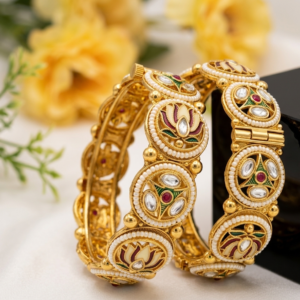 Royal Rajwadi Gold-Plated Kundan and Meenakari Lotus Kada Bangles (Set of 2)