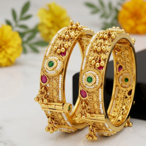 Antique Gold-Plated Rajwadi Kada Bangles with Ruby Red & Emerald Green Stones (Set of 2)