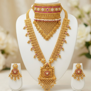 Rajwadi Gold Plated Bridal Choker and Long Haar Necklace Combo Set with Earrings for Women