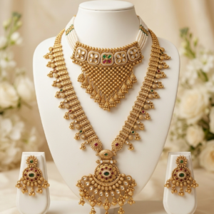 Rajwadi Gold Plated Bridal Choker and Long Haar Necklace Combo Set with Earrings for Women - Red, Green & White