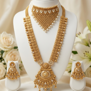 Rajwadi Gold Plated Bridal Choker and Long Haar Necklace Combo Set with Earrings for Women - White Kundan & Pearls