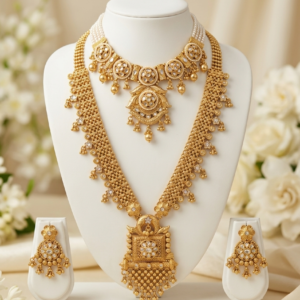 Rajwadi Circular Panel Pearl Choker & Heavy Square Filigree Long Haar Jewelry Set - White Kundan