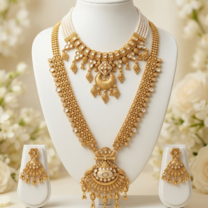 Rajwadi Crescent Drop Pearl Choker & Ornate Shield Pendant Long Haar Jewelry Set - White Kundan