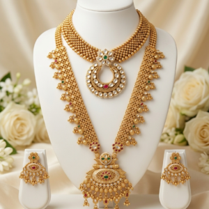 Rajwadi Antique Gold Plated Circular Open Pendant Choker & Oval Filigree Long Haar Jewelry Set - Red & Green