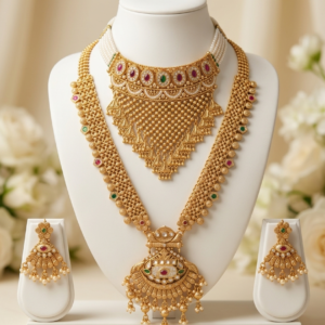 Rajwadi Triangular Mesh Pearl Choker & Scalloped Dome Pendant Long Haar Jewelry Set - Red, Green & White