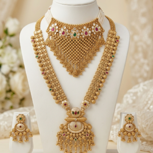 Rajwadi Pearl Choker with Triangular Mesh & White Enamel Medallion Long Haar Jewelry Set - Red, Green & White