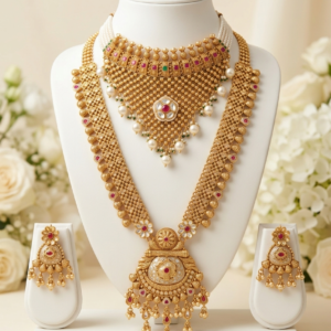 Rajwadi Antique Gold Plated Bridal Choker & Long Haar Ensemble with Matching Earrings - Red, Green & White