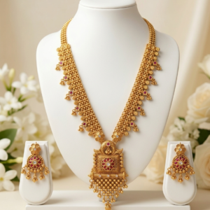 Rajwadi Antique Gold Plated Long Haram Necklace with Square Floral Pendant & Earrings Set - Pink & White