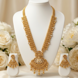 Rajwadi Antique Gold Plated Long Haram Necklace with Ornate Arch Pendant & Fan Earrings Set - White Kundan