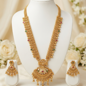 Rajwadi Antique Gold Plated Long Haram Necklace with Scalloped Medallion Pendant & Fan Earrings Set - Red & Green