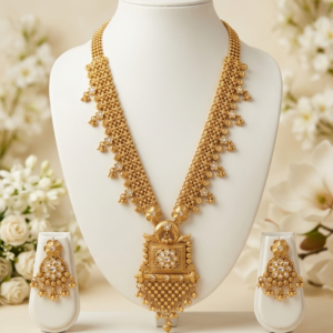 Rajwadi Antique Gold Plated Long Haram Necklace with Square Statement Pendant & Earrings Set - White Kundan