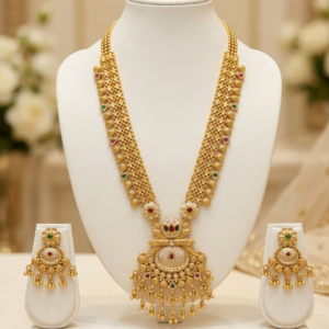 Rajwadi Antique Gold Plated Long Haram Necklace with White Enamel Medallion Pendant & Dome Earrings Set - Red & Green