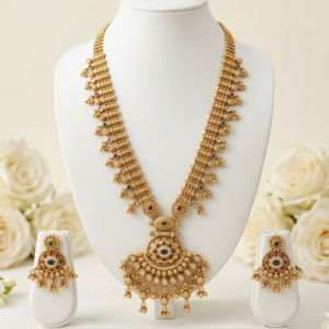 Rajwadi Antique Gold Plated Long Haram Necklace with Tiered Crescent Pendant & Matching Drop Earrings - Red & Green