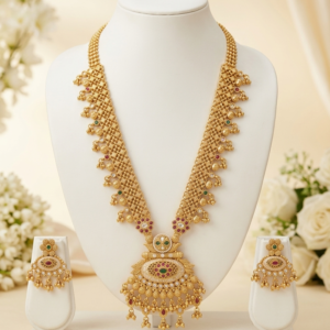 Rajwadi Antique Gold Plated Long Haram Necklace with Oval Cluster Pendant & Earrings Set - Red & Green