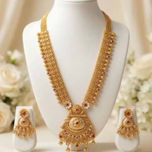 Rajwadi Antique Gold Plated Long Haram Necklace with White Enamel Dome Pendant & Earrings Set - Pink & White