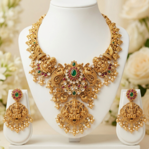 Antique Finish South Indian Temple Necklace Set with Goddess Lakshmi Motifs, Peacock Carvings, and Metallic Gold Beads
