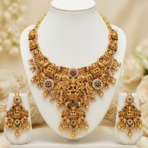 Antique South Indian Temple Choker Necklace Set with Tiered Goddess Lakshmi Motifs and Metallic Gold Beads