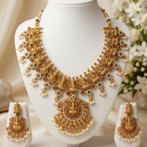 South Indian Temple Antique Finish Necklace Set - Goddess Lakshmi Motifs with White Pearl Clusters
