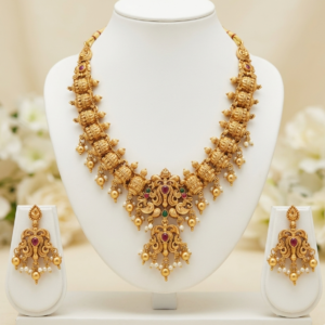 Antique Gold Plated South Indian Temple Necklace Set with Ribbed Capsule Links, Ornate Peacock Pendant, Gold Balls & Pearl Clusters