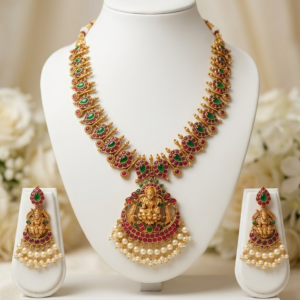 South Indian Temple Antique Finish Goddess Lakshmi Necklace Set with Alternating Red & Green Stones and Pearl Clusters