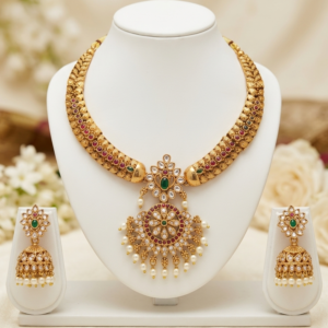 Antique Finish South Indian Temple Collar Necklace Set with Circular Mandala Pendant & Matching Jhumka Earrings - Red, Green & Kundan