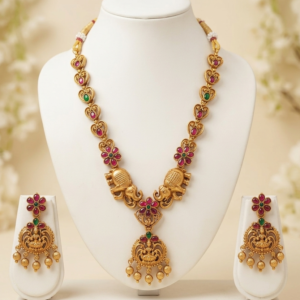 Antique Finish South Indian Temple Necklace Set with Twin Elephant Motifs, Goddess Lakshmi Pendant & Metallic Gold Beads