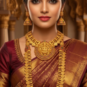 Antique Matte Finish South Indian Temple Jewelry Combo Set - Includes Short Necklace, Long Haram, Jhumkas & Maang Tikka