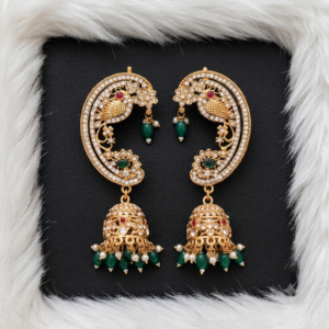 Peacock Design Stone-Studded Ear Cuff Jhumka Earrings with Green Beads