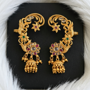 Floral Motif Stone-Studded Ear Cuff with Hanging Jhumkas