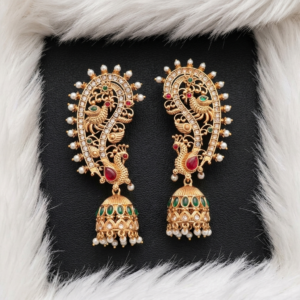 Peacock Motif Ear Cuff Jhumkas with Pearl and Stone Embellishments