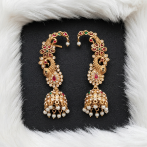 Traditional Peacock Ear Cuff Jhumkas with Pearl and Multi-Stone Detailing