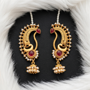 Paisley Motif Ear Cuff Jhumkas with Ruby Red Stones and Pearl Accents