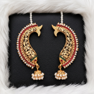 Intricate Filigree Ear Cuff Jhumkas with Ruby-Green Stones and Pearl Detailing