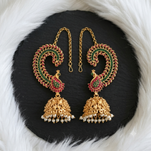Peacock Design Ear Cuff Jhumkas with Chain, Ruby-Green Stones, and Pearl Drops