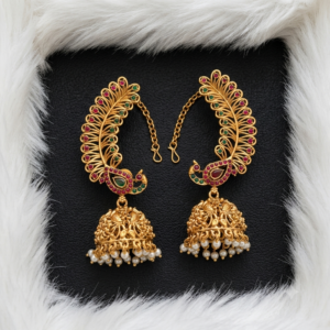 Peacock Feather Design Ear Cuff Jhumkas with Chain and Pearl Embellishments