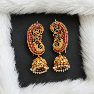 Traditional Peacock Motif Ear Cuff Jhumkas with Ruby-Green Stones and Pearl Drops