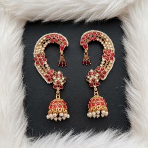 Ruby Red Stone-Studded Ear Cuff Jhumkas with Pearl Accents