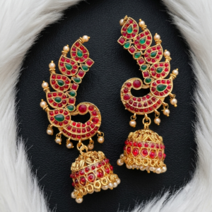 Peacock Design Ear Cuff Jhumkas with Ruby-Green Stones and Pearl Accents
