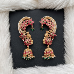 Floral Design Ear Cuff Jhumkas with Ruby Red Stones and Bead Accents
