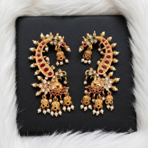 Peacock Design Ear Cuff Earrings with Ruby, Green Stones, and Pearl Drops