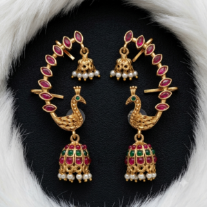 Peacock Design Ear Cuff Jhumkas with Ruby-Green Stones and Pearl Accents