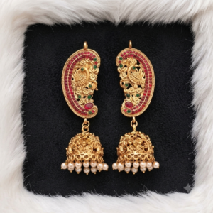 Peacock Motif Ear Cuff Jhumkas with Ruby-Green Stones and Pearl Accents