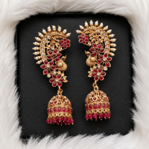 Floral Peacock Ear Cuff Jhumkas with Ruby Red Stones and Pearl Accents