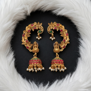 Temple Design Goddess Ear Cuff Jhumkas with Ruby-Green Stones and Pearl Drops
